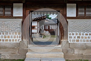 The view of the ancient gate or hall at Changdeokgung Palace in Seoul, South Korea