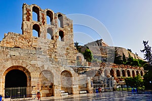 View of the  Odeon of Herodes Atticus and the Parthenon From Dionysiou Areopagitou Street, Athens, Greece