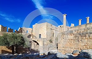 View at ancient Greek remains Lindos acropolis. Rhodes island, Greece.