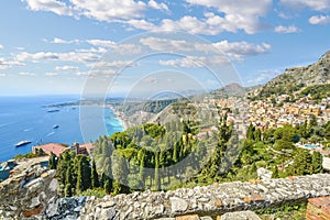 View from the ancient Greek Theatre in Taormina, Italy, on the isle of Sicily