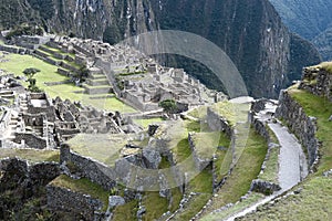 View of the ancient Inca City of Machu Picchu. The 15-th century Inca site.'Lost city of the Incas'.