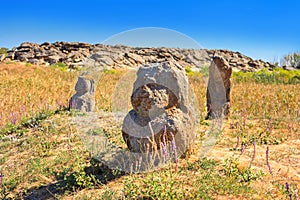 View of the ancient kurgan stelae, stone idols, in the steppe in southern Ukraine