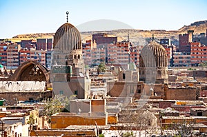 View of the ancient minarets of the tombs of the city of the dead in Cairo