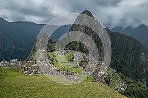 View of the ancient mountains of Machu Picchu and part of the city ruins.