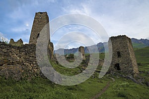 View of the ancient Ossetian towers on a early June morning. Tsmiti. Northern Ossetia Alania