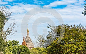 View of ancient pagodas in Bagan, Myanmar. Copy space for text.