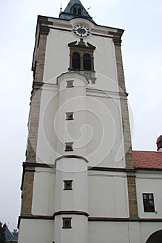 Panorama of ancient historic buildings in the center of town of Kezmarok in Slovakia.