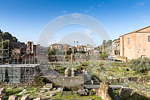 View of the ancient remains of the Roman Forum, Rome, Italy, Eur