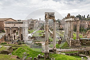 View of the ancient remains of the Roman Forum, Rome, Italy, Eur