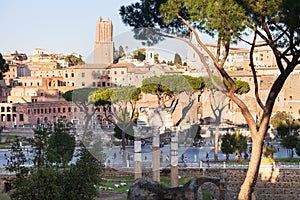 View of ancient Roman forums and road in Rome