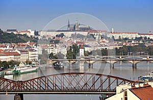 View of ancient roofs and bridges through Vltava. Prague. Czech Republic