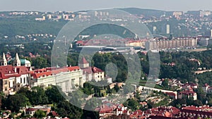 View of ancient roofs and bridges through Vltava. Prague. Czech Republic