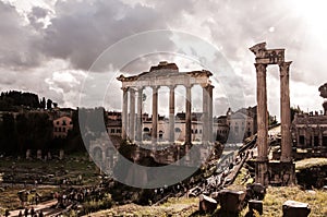 View of the ancient ruins near Colosseum in Rome, Italy