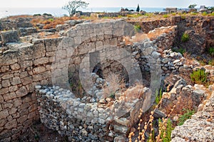 View of the ancient ruins near the crusader castle in the historic city of Byblos. The city is a UNESCO World Heritage Site.