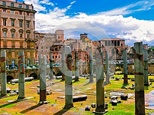 The view of ancient ruins in roman forum in Rome, Italy