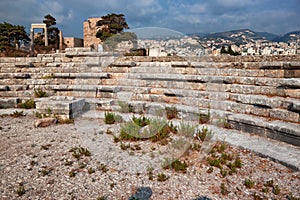 View of the ancient ruins of Roman theater in archeological site in Byblos. The city is a UNESCO World Heritage Site. Lebanon