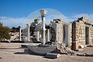 View of the ancient ruins of the wall, the colonade and the Vladimir Cathedral in the city of Chersonesos in the Crimea. Travel