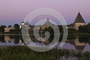 View of the ancient Staraya Ladoga fortress on the early August morning