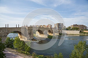 Stone Bridge and Ebro River in Zaragoza, Spain