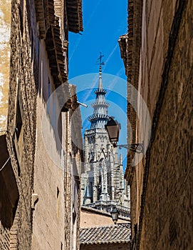 View from the ancient streets of the spire of the Toledo Cathedral in Toledo, Spain