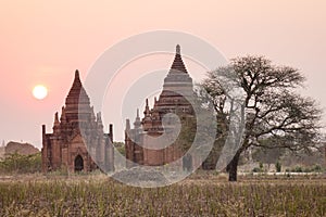 View of the ancient temples at sunset in Bagan, Myanmar