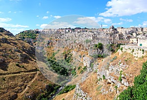 View at the ancient town of Matera Sassi di Matera, with its Gravina river canyon and typical medieval cave dwellings