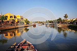View of the ancient town with the river in Hoian, Vietnam photo