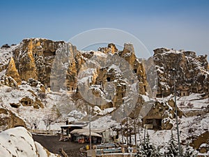 View of ancient Uchisar cave town and a castle of Uchisar dug from a mountains in Cappadocia, Central Anatolia,Turkey