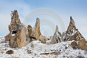 View of ancient Uchisar cave town and a castle of Uchisar dug from a mountains in Cappadocia, Central Anatolia,Turkey