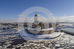 View of the ancient Vyborg castle (aerial view). Leningrad region, Russia