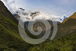 View of the Andes Mountains along the Inca trail in the Sacred Valley, Peru