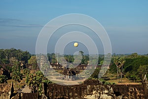 View of Angkor Wat. Ancient temple complex in Southeast Asia. Balloon in the sky over an old abandoned temple. Landscape