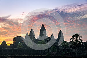 View of Angkor Wat in sunrise time with a beautiful twilight sky in Siem Reap, Cambodia.