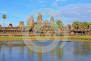 View of angkor wat temple reflection on the water at siem reap, Cambodia.