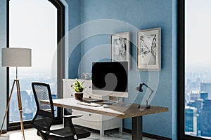 view from angle on modern clean pc workplace black monitor with copy space minimalist office background with panoramic view on