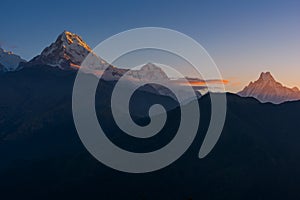 View of Annapurna and Machapuchare peak at Sunrise from Poonhill, Nepal.