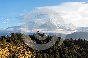 View of Annapurna mountain range from Poon Hill 3210 m on sunrise. It`s the famous view point in Gorepani village in Annapurna