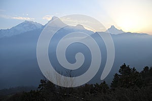 View of the Annapurna range from Poon Hill at sunrise, Ghorepani/Ghandruk, Nepal