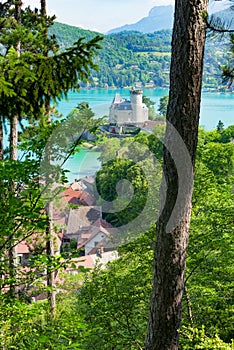 View of the Annecy lake with castle of Duingt