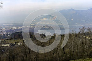 View of Annone lake from Colle Brianza, Lombardy, Italy photo