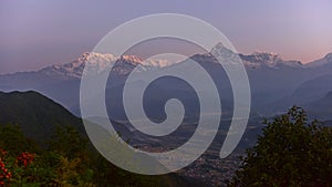 View of Annupurna mountain ranges at dawn from Sarangkot, Nepal