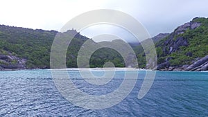 View Of The Anse Du Riz Beach from The Boat On Cloudy Wheather, Seychelles