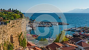 View of Antalya harbor, Mediterranean sea and seacoast, Antalya, Turkey