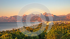 View of Antalya Mediterranean seacoast at sunset, Antalya, Turke