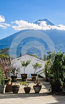 View of Antigua Guatemala and the volcano near the city