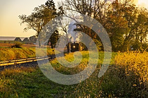 View of an Antique Freight Steam Train Blowing Smoke Approaching Thru Trees
