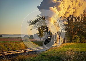 View of an Antique Freight Steam Train Blowing Smoke Approaching Thru Trees