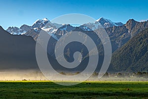 View of Aoraki Mount Cook and Mount Tasman from Lake Matheson, New Zealand