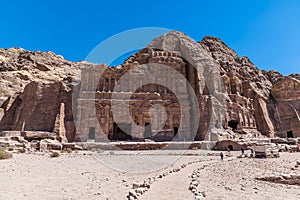 A view approaching the Royal Tombs in the ancient city of Petra, Jordan