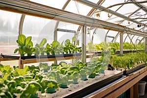 a view of an aquaponics system with plants growing in a greenhouse